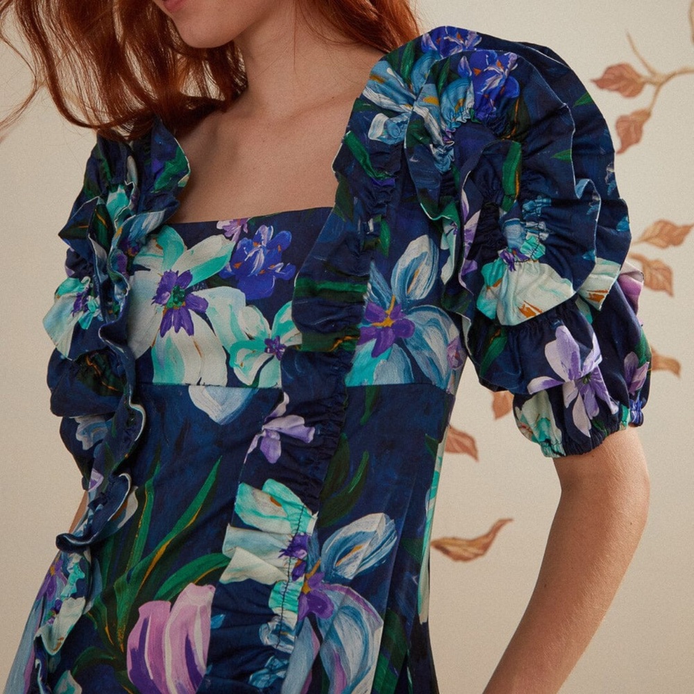 NWT FARM Rio Floraline Ruffle Short Sleeve Midi Dress - Picture 3 of 6